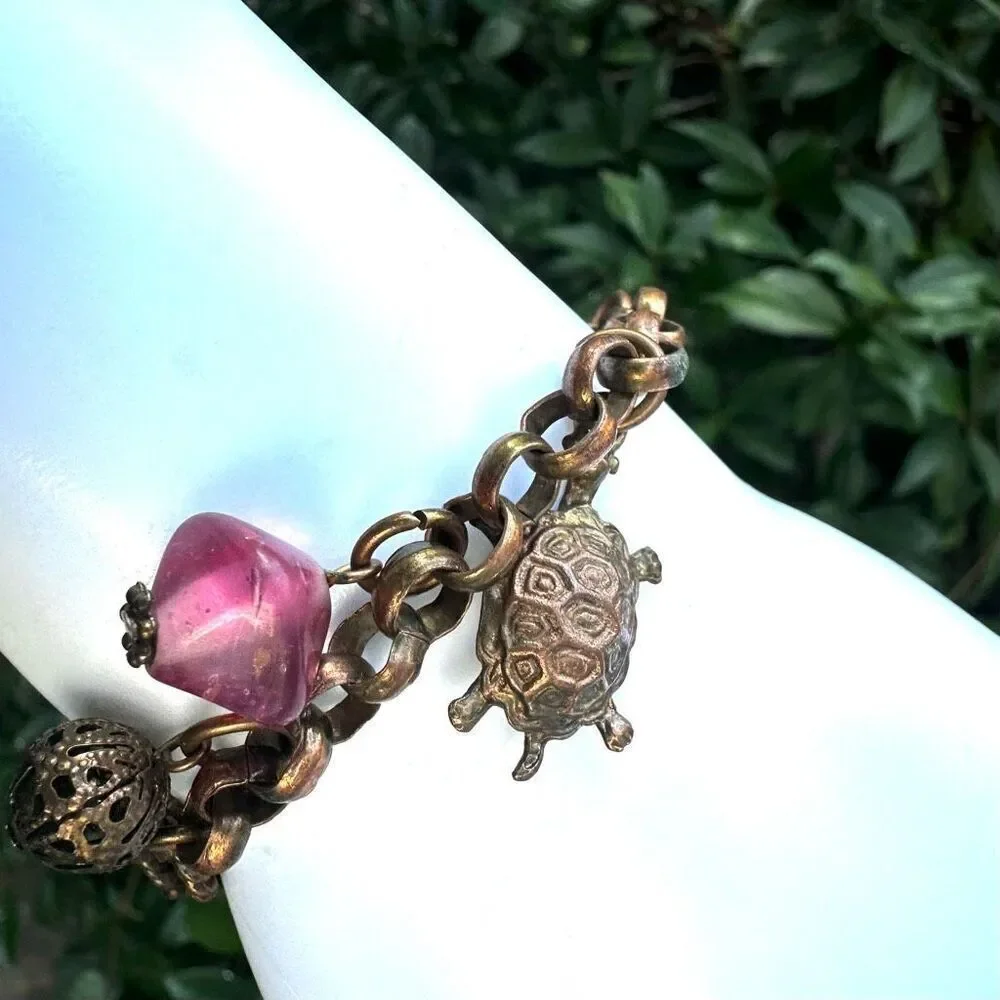 Brass  copper Charm Bracelet Pink Beads Turtle Heart Elephant Locket Horseshoe